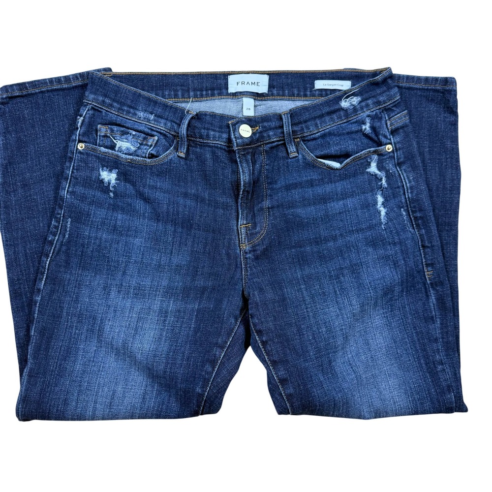 FRAME Le Garcon Crop Slim Boyfriend Jeans Dark Wash Distressed Size 28
